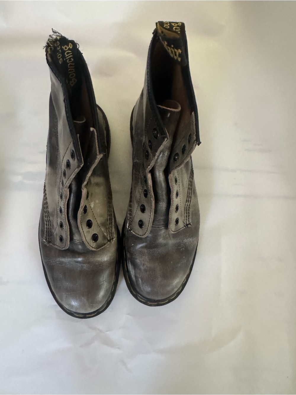 Dr. Martens Black and Gray Distressed Leather Boots unisex size 9.5 W, 7.5 M